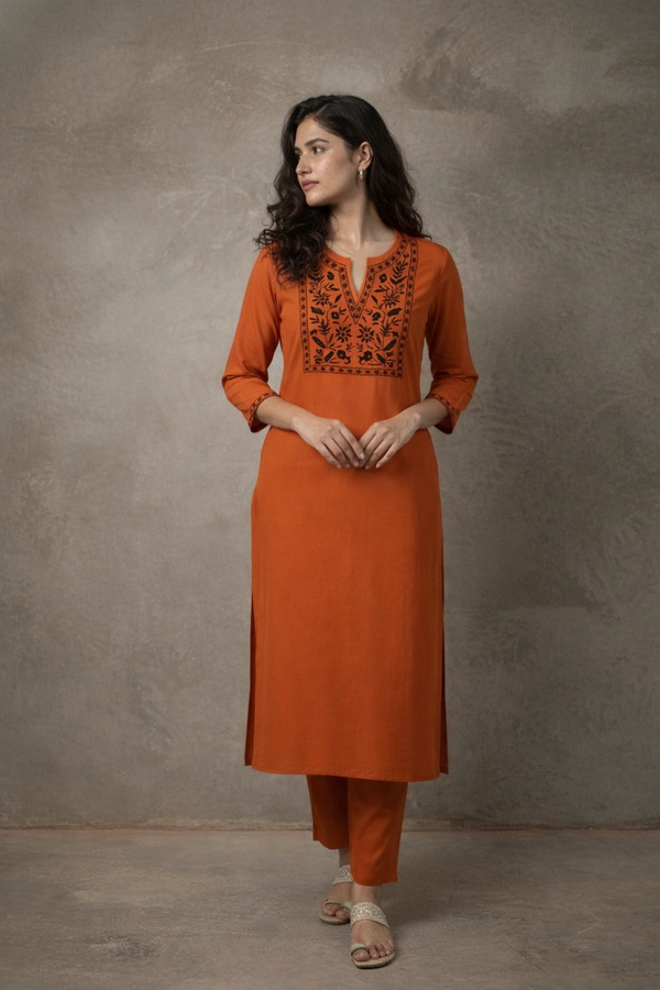Smriti – Rust Noir Embroidered Cotton Kurta Set | The Nitya Edit