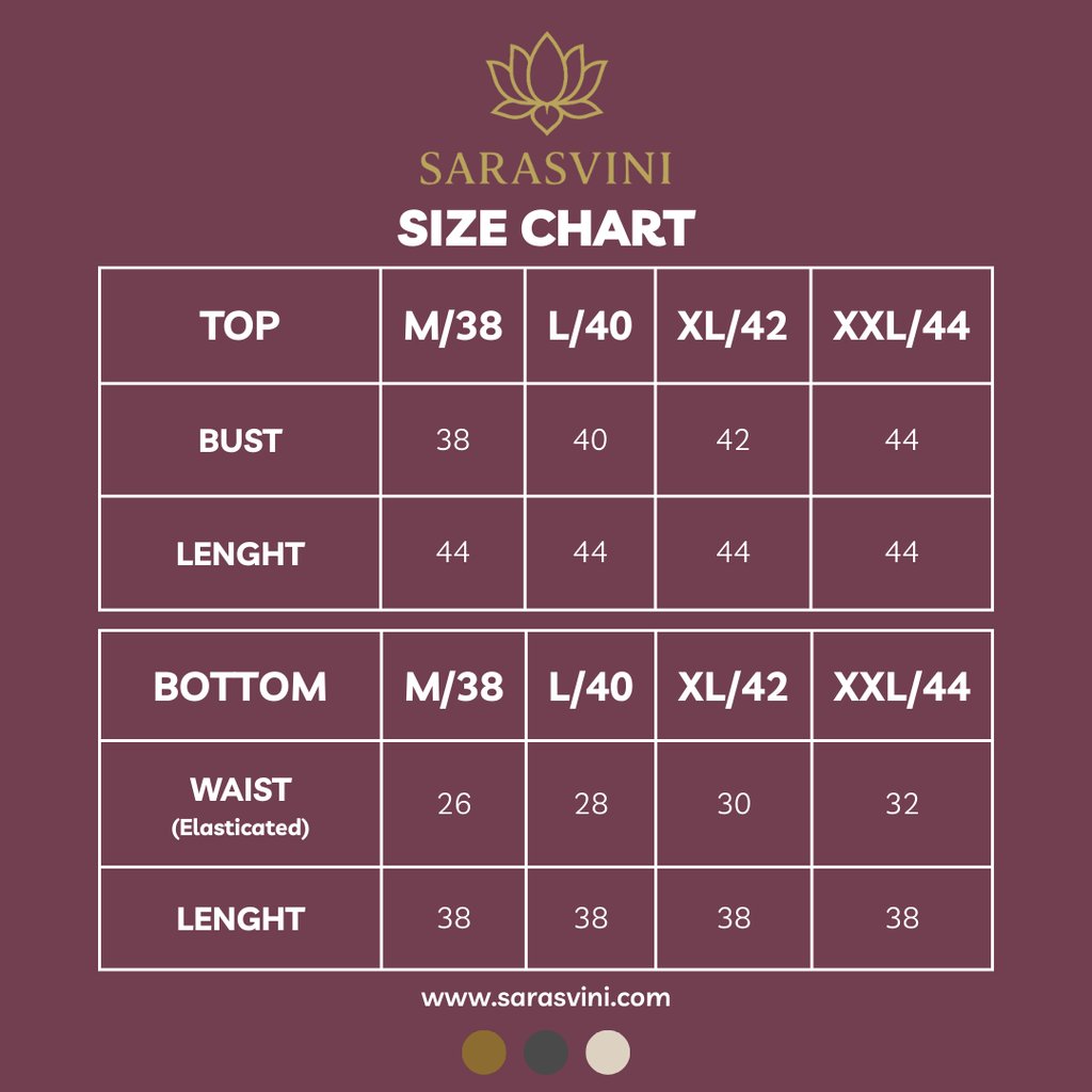 Sarasvini size chart for top and bottom measurements on a maroon background