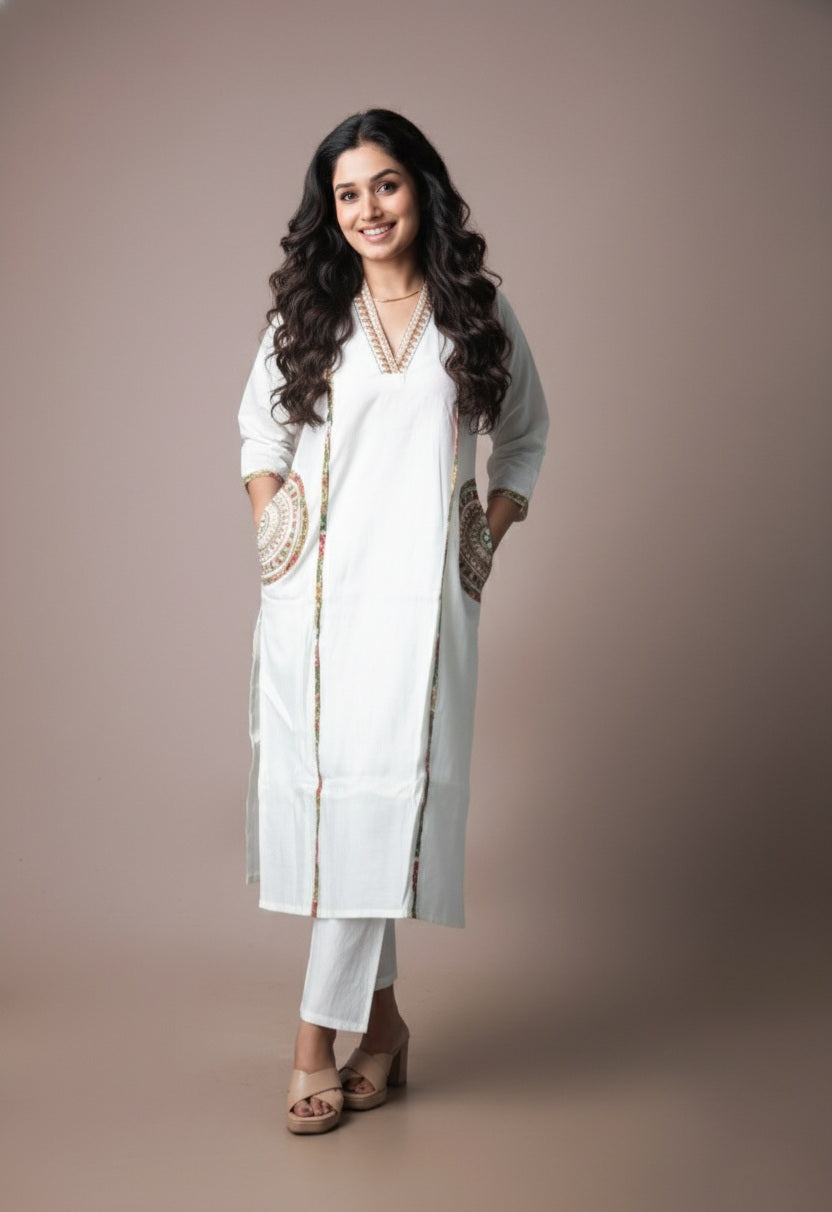 Woman wearing a white traditional outfit with a beige background