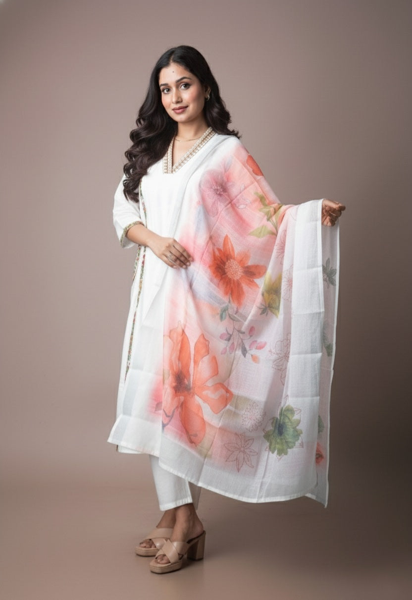 Woman holding a floral scarf against a plain background