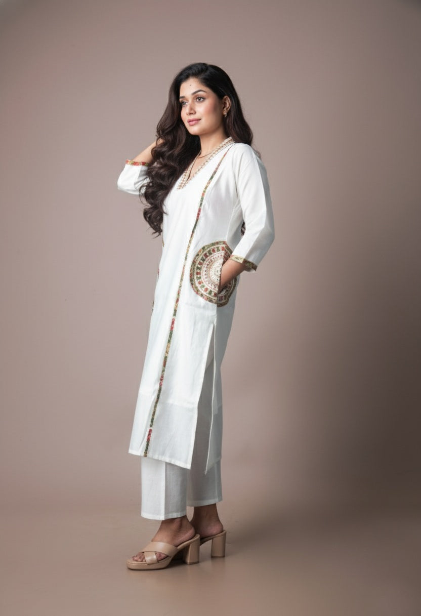 Woman wearing a white outfit with a beige bag against a brown background