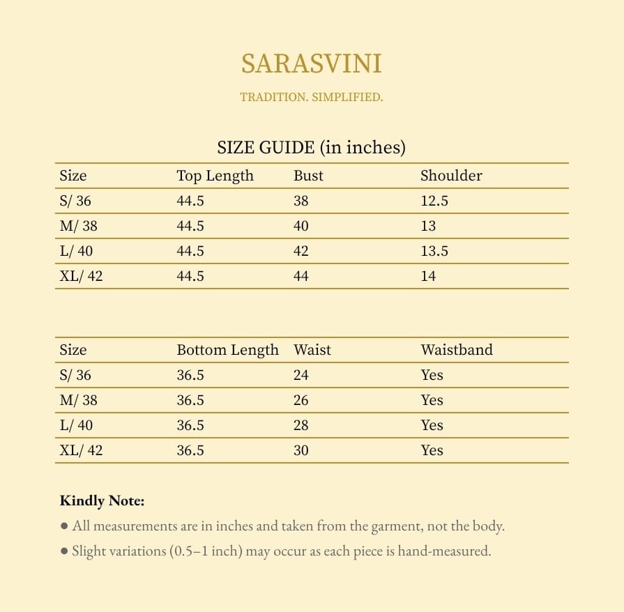 Size guide for Sarasvini clothing with measurements in inches.