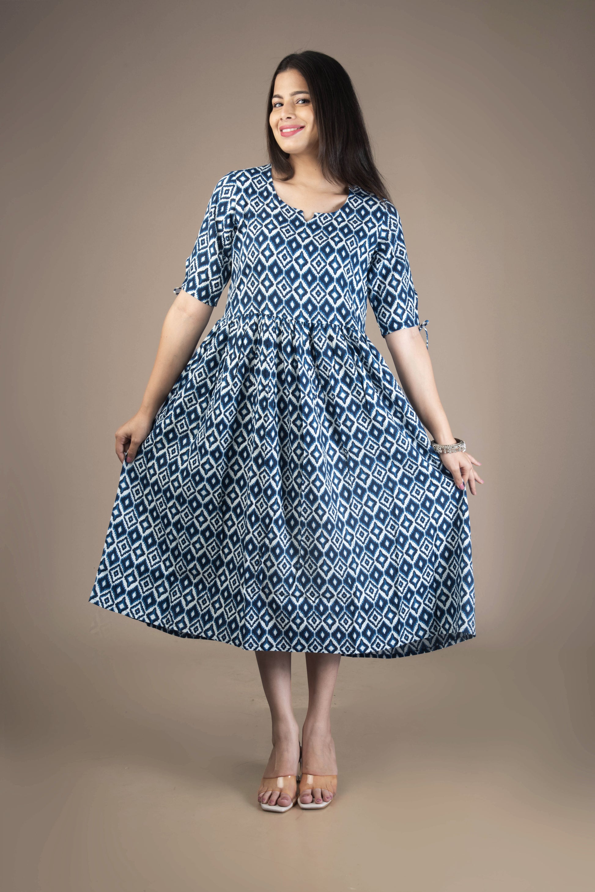 Svara – Blue Geometric Print Midi Dress with Tie-Up Sleeves | The Nitya Edit