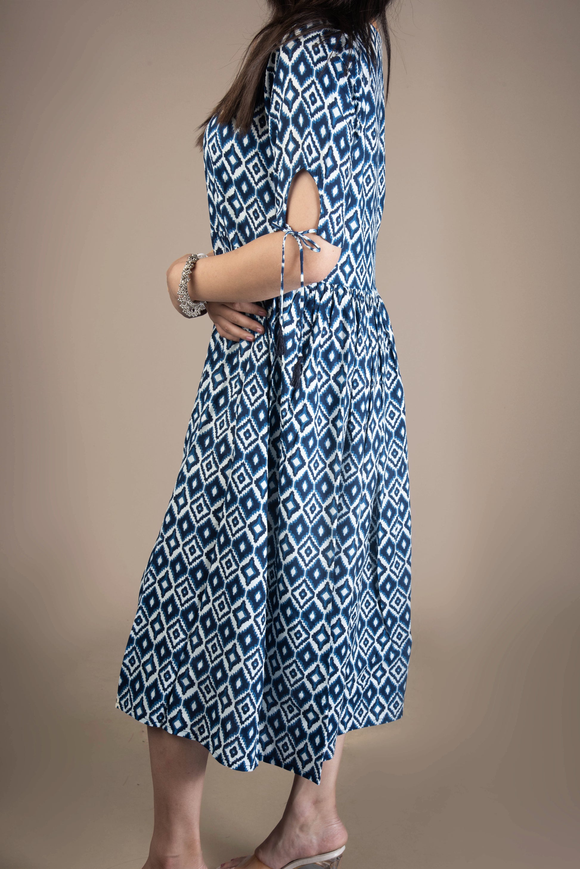 Svara – Blue Geometric Print Midi Dress with Tie-Up Sleeves | The Nitya Edit