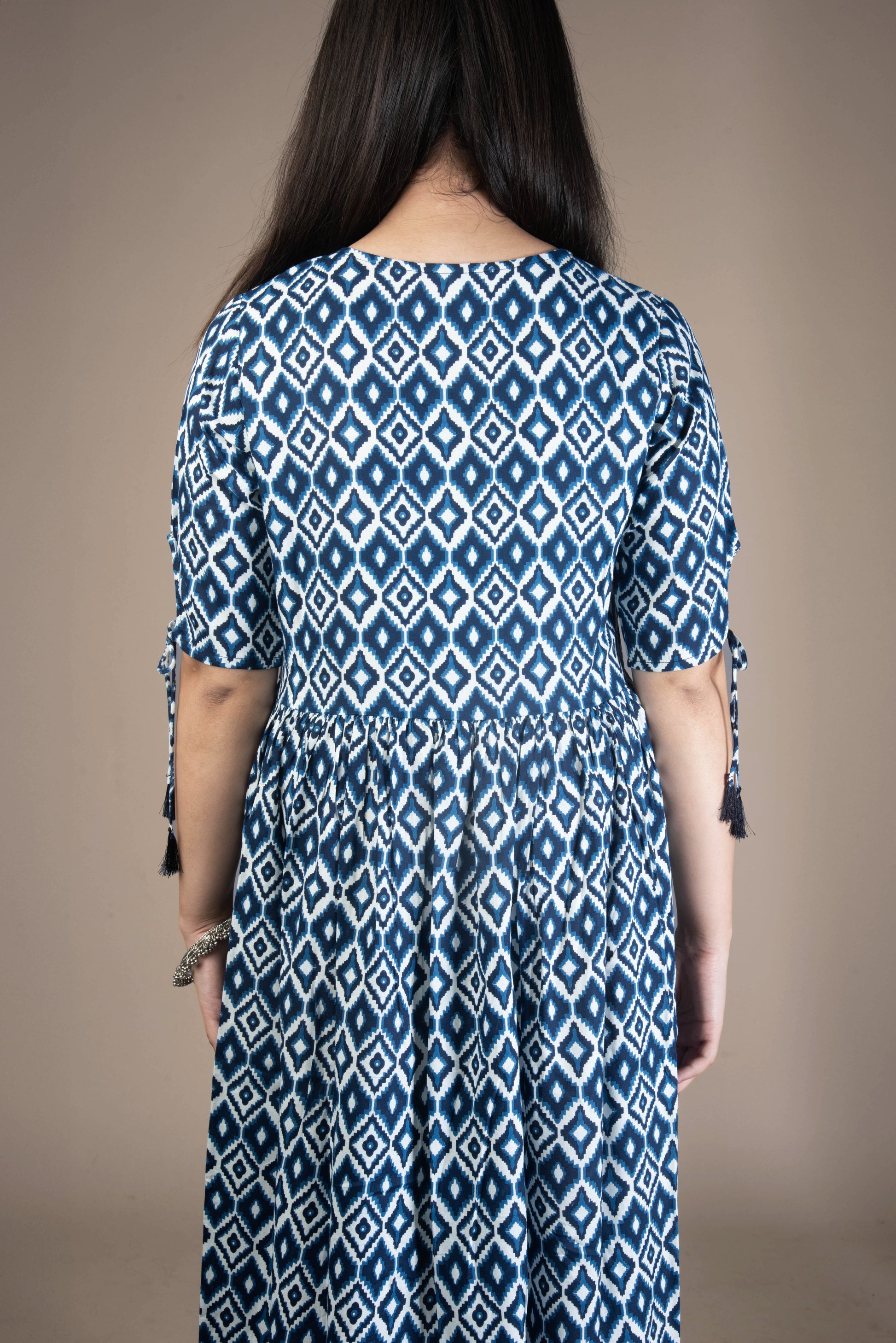 Svara – Blue Geometric Print Midi Dress with Tie-Up Sleeves | The Nitya Edit
