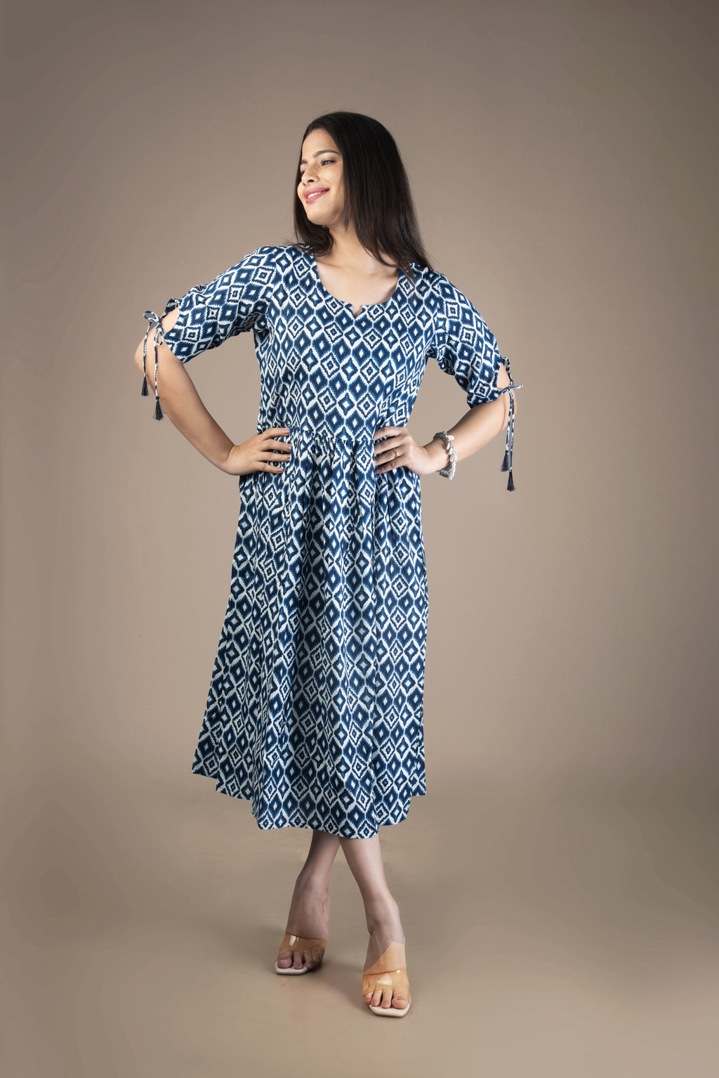 Svara – Blue Geometric Print Midi Dress with Tie-Up Sleeves | The Nitya Edit