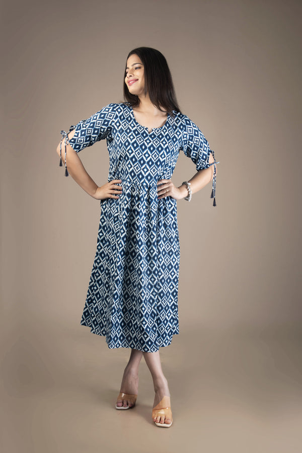 Svara – Blue Geometric Print Midi Dress with Tie-Up Sleeves | The Nitya Edit
