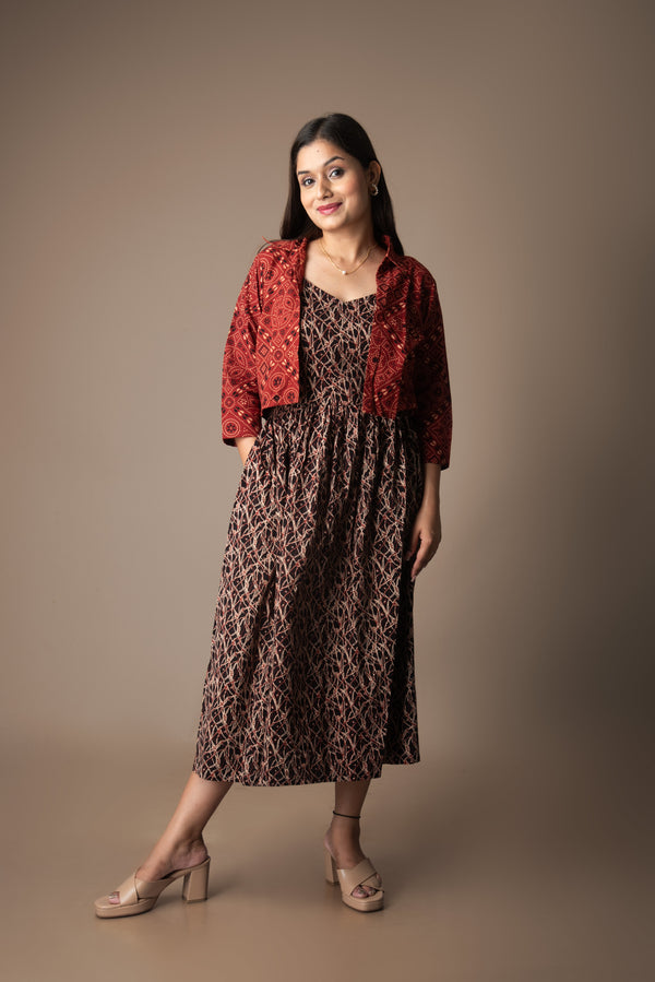 Tanirika – Dabu Printed Gown with Ajrakh Jacket | The Utsav Edit