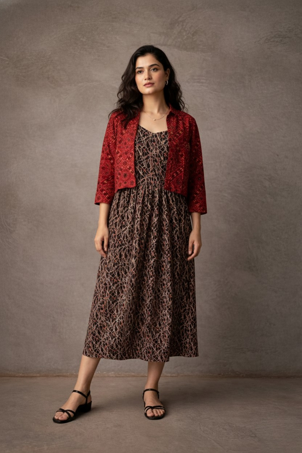 Tanirika – Dabu Printed Gown with Ajrakh Jacket | The Utsav Edit