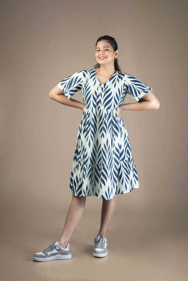 Tvara – Blue Leaf Print Frock Dress with Flared Sleeves | The Nitya Edit