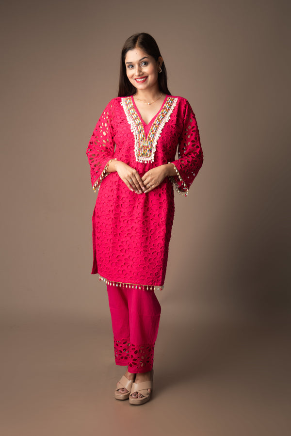 Vamika – Fuchsia Pink Embroidered Cotton Co-ord Set | The Utsav Edit