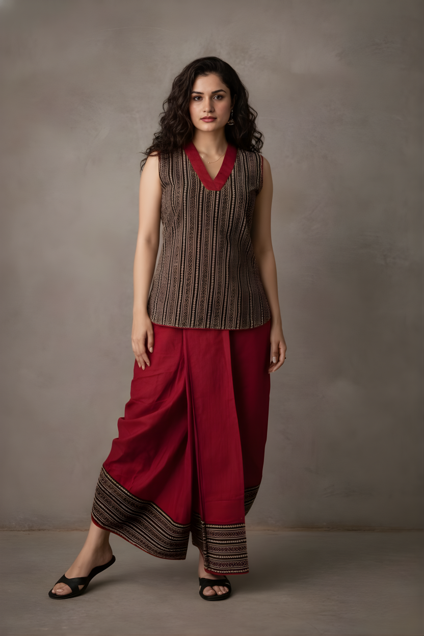 Woman wearing a sleeveless top and red dhoti pants against a plain background