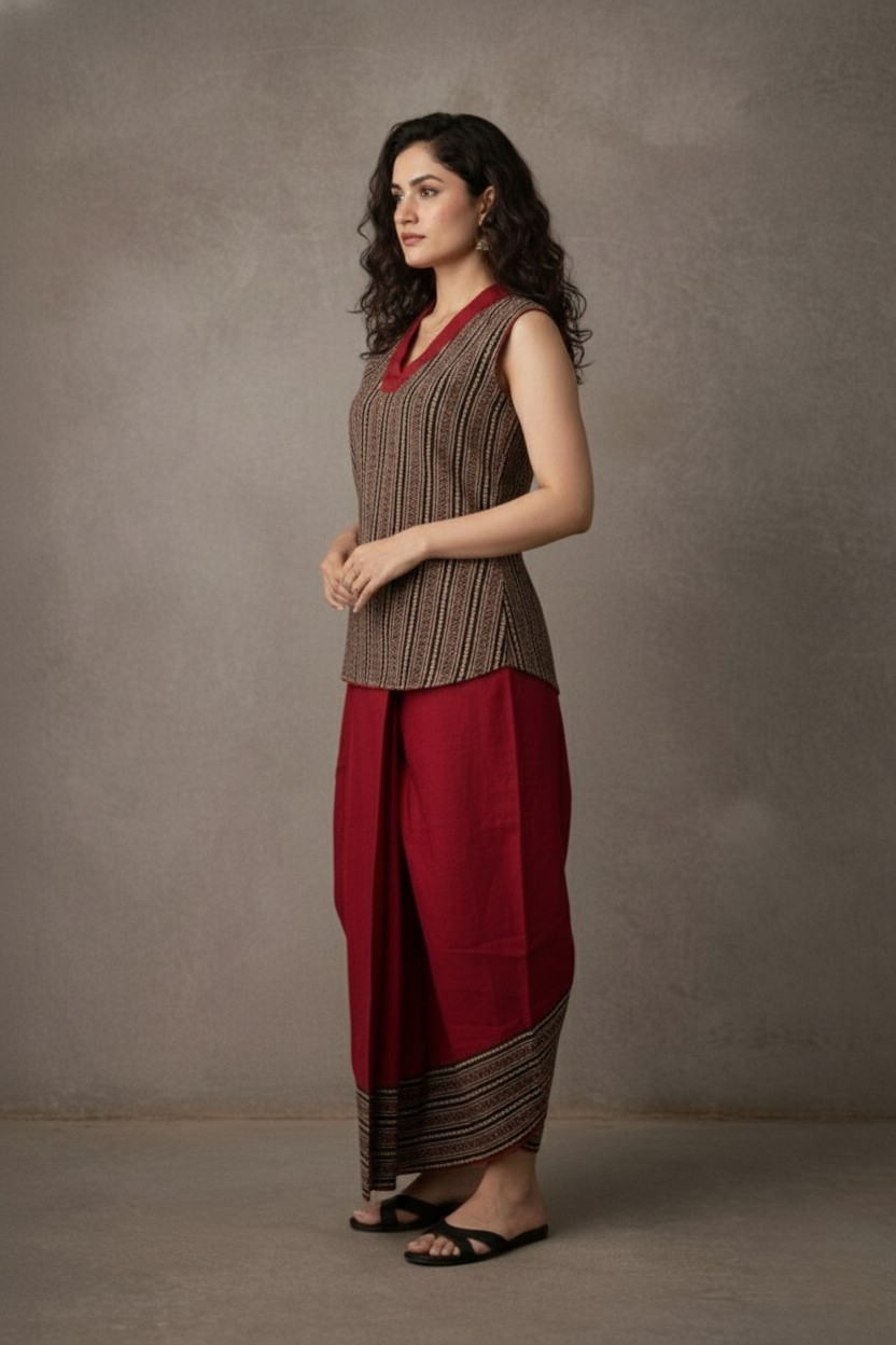 Woman wearing a brown and red traditional outfit against a gray background