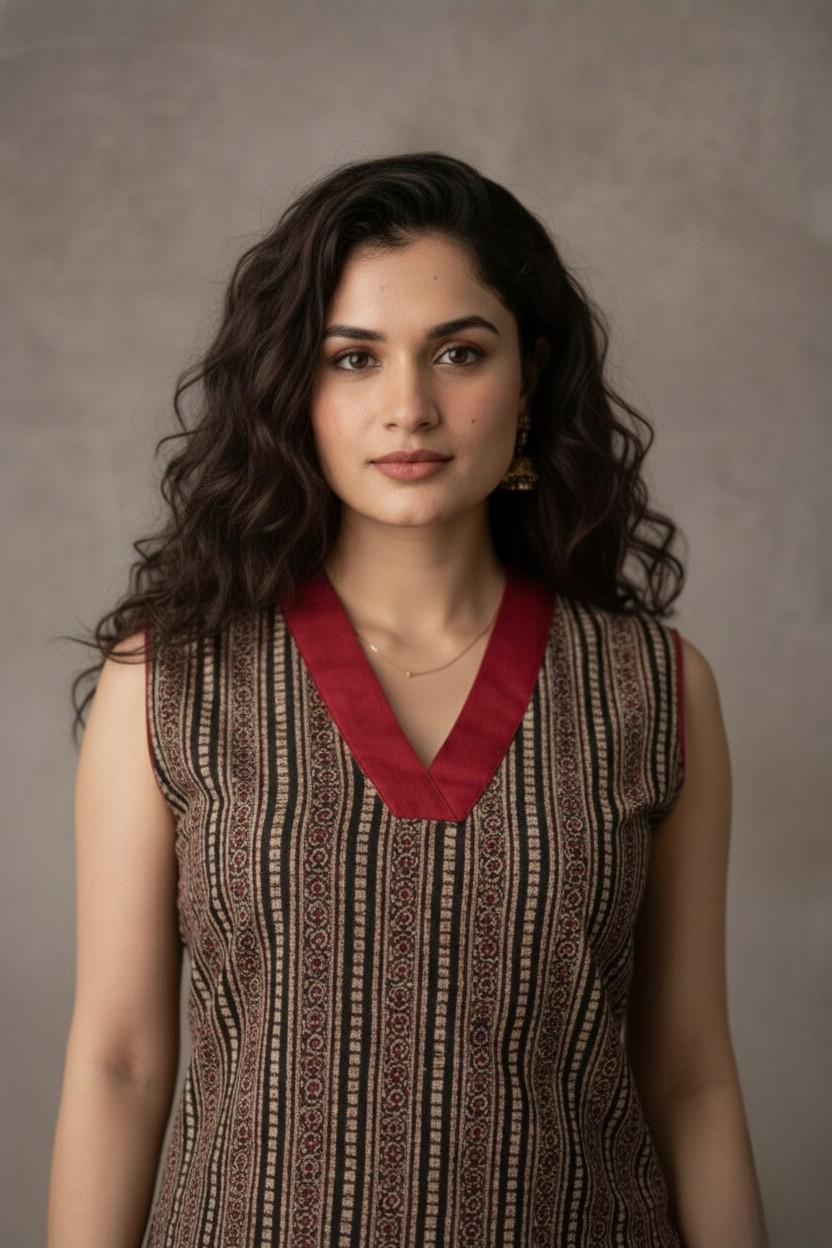Woman wearing a patterned sleeveless top with a red collar against a plain background
